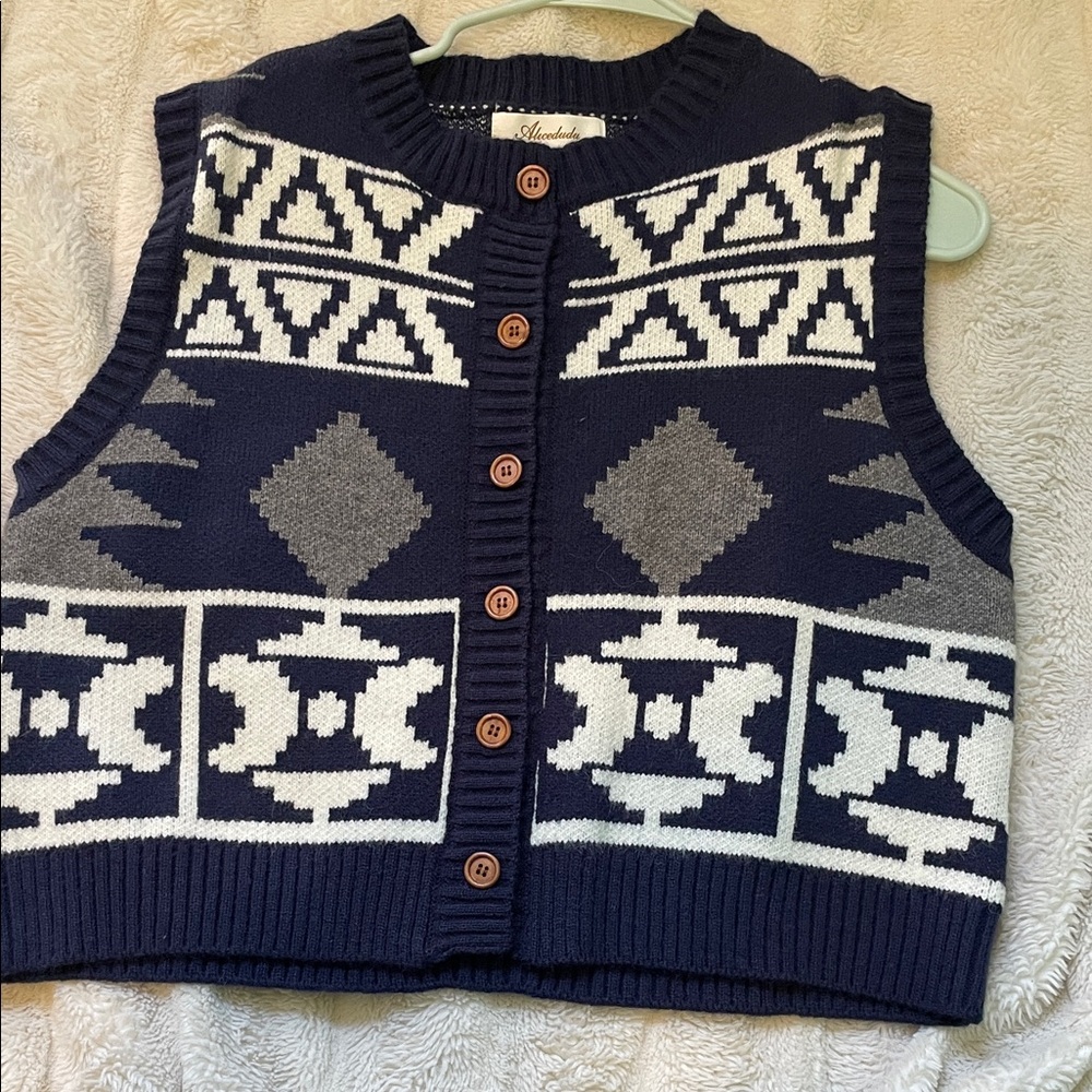 Navy & White Knit Button-Up Vest